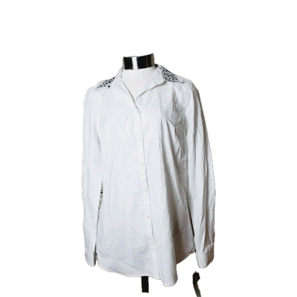 My Collection Long Sleeve Button Up Shirt Collared Sparkling Top White Size 14